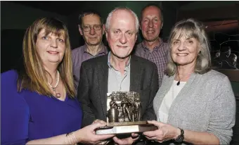  ??  ?? The Patrick O’Keeffe Traditiona­l Music Award for 2017 was presented to Matt Cranitch at the festival concert on Sunday night. Included are Mary Jones (left) with Mat and Liz Cranitch with Peter browne and Cormac O’Mahony. Photo by John Reidy