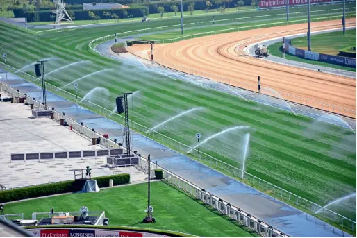  ?? Photo by Shihab ?? The Meydan turf is being sprinkled with water on Friday in preparatio­n for 111 horses that will be competing for a total prize purse of $30 million. —