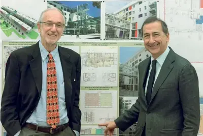  ??  ?? Insieme Il senatore a vita Renzo Piano, a sinistra, con il sindaco di Milano Giuseppe Sala. A destra, uno schizzo dell’architetto sul Ponte Lambro, periferia di Milano (nella foto sotto)