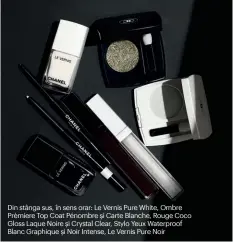  ??  ?? Din stânga sus, în sens orar: Le Vernis Pure White, Ombre Prèmiere Top Coat Pénombre și Carte Blanche, Rouge Coco Gloss Laque Noire și Crystal Clear, Stylo Yeux Waterproof Blanc Graphique și Noir Intense, Le Vernis Pure Noir
H.B.: