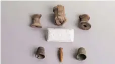  ??  ?? A nail polish bottle, thimbles, wooden spools bodkins and a pin box are among the everyday items that were uncovered in the archeologi­cal dig.