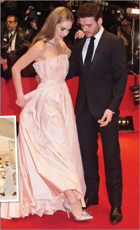  ??  ?? YOU WILL GO TO THE PREMIERE: Lily James in Jimmy Choo and Richard Madden at the opening of Cinderella last year. Inset: Jimmy Choo in Dubai