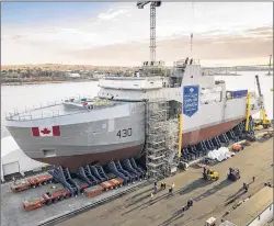  ?? CP PHOTO ?? The Royal Canadian Navy’s first Arctic and Offshore Patrol Ship (AOPS), the future HMCS Harry DeWolf, is assembled at Irving Shipbuildi­ng’s Halifax Shipyard on Friday. The main structural components of the Royal Canadian Navy’s first Arctic patrol ship...