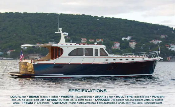  ??  ?? SPECIFICAT­IONS LOA: 60 feet • BEAM: 16 feet, 7 inches • WEIGHT: 48,500 pounds • DRAFT: 5 feet • HULL TYPE: modified-vee • POWER: twin 725-hp Volvo Penta D8s • SPEED: 29 knots top, 25 knots cruise • TANKAGE: V25 gallons fuel, 260 gallons wa•er, 60...