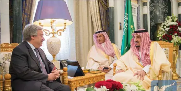  ??  ?? Saudi King Salman meets with U.N. Secretary-General Antonio Guterres in Riyadh, Saudi Arabia on Sunday.