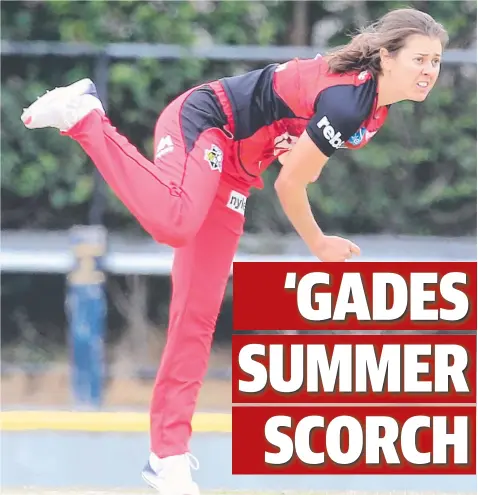  ?? Picture: GLENN FERGUSON ?? POWER PLAY: Former Kardinia Internatio­nal College student Molly Strano bowling for the Melbourne Renegades yesterday in a WBBL practice match at Geelong Cricket Ground against the Perth Scorchers.
