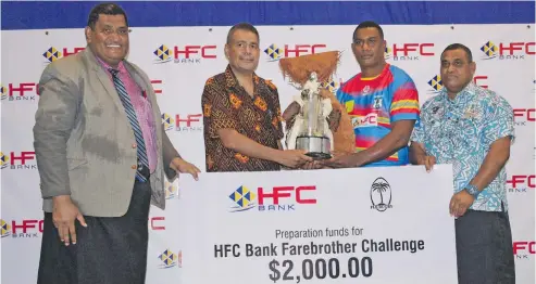  ?? Photo: Navneel Kumar ?? From left; Fiji Rubgy Union chief executive officer John O’Connor, HFC Bank board director Alipate Naiorosui, Namosi captain Asaeli Boko and Namosi team manager Tui Saladoka on July 18, 2018.