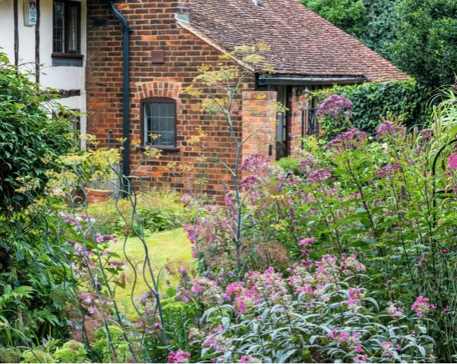  ??  ?? A fulsome mixed border of asters, fennel, clematis and phlox spreads protective­ly around the front of the medieval farmhouse.