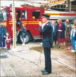  ??  ?? Chief Fire Officer Jeremy Beech addressing the public at Larkfield Fire Station’s 25th anniversar­y in 1992