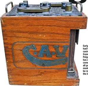  ??  ?? Early car batteries had their outer casings made from wood. Polypropyl­ene has since become commonplac­e, but all parts of the modern battery can be recycled, from the lead to the acid.