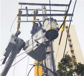  ?? LUIS FELIPE DE LA HOZ ?? Un operario de la empresa Electricar­ibe realiza trabajos de reparación de redes.