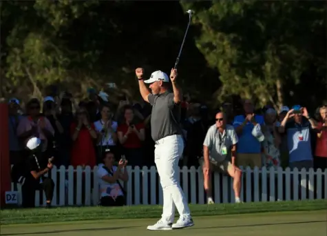  ?? Andrew Redington/Getty Images ?? Lee Westwood celebrates after winning the the Abu Dhabi HSBC Championsh­ip, his first win since November 2018.