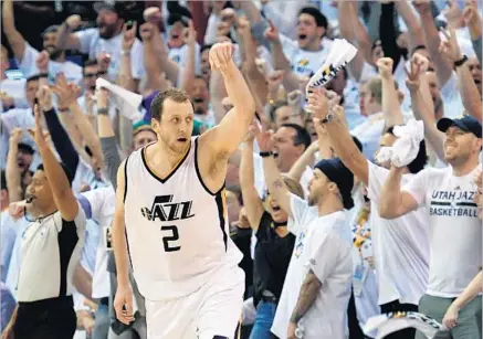  ?? Gene Sweeney Jr. Getty Images ?? JOURNEYMAN FORWARD Joe Ingles, a 29-year-old Australian who like many Jazz players has little name recognitio­n outside Salt Lake City, was an unsung hero in Game 4, hitting a clutch three-pointer to give Utah a 102-94 lead with less than a minute left. |