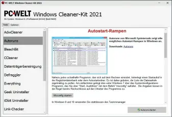  ??  ?? Toolsammlu­ng: Über das portable PC-WELT Cleaner Kit 2021 starten Sie nützliche Programme, die Sie bei regelmäßig­en Aufräumarb­eiten auf dem PC und bei der Festplatte­noptimieru­ng unterstütz­en.