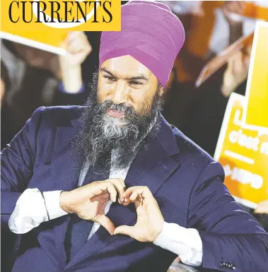  ?? CHRISTINNE MUSCHI / REUTERS ?? New Democratic Party Leader Jagmeet Singh gestures on an election campaign rally in Montreal on Wednesday.