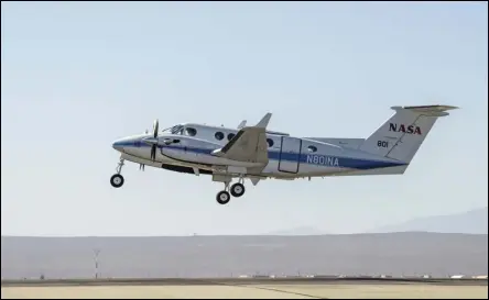  ?? PHOTO COURTESY OF NASA/CARLA THOMAS ?? Flight crews at NASA’s Armstrong Flight Research Center flew the B-200 King Air in support of the Sub-Mesoscale Ocean Dynamics Experiment (S-MODE).