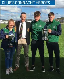  ??  ?? Sligo RFC took the opportunit­y last Saturday to honour the achievemen­ts of Luke Hogge, Donnacha Byrne, Hubert Gilvarry and Hannah Johnston, the club’s four U18 Connacht players, who played vital roles in winning the Interpro series. Donnacha been called up to the National U18 Talent Squad. Hannah Johnston was also presented with her U18 Connacht jersey by Club President Des Cosgrove. Hannah, Des, Donnacha and Luke at the game, Hubert missing from photo.