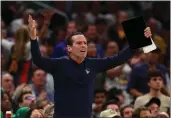  ?? ELSA — GETTY IMAGES ?? Golden State Warriors assistant coach Kenny Atkinson reacts to a play in the third quarter against the Boston Celtics during Game 4 of the NBA Finals at TD Garden on Friday, June 10, in Boston.