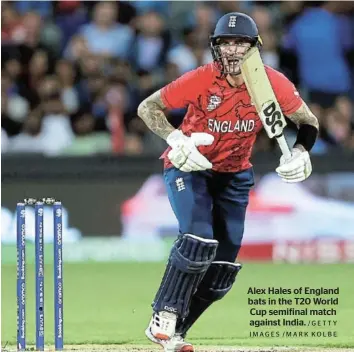  ?? /GETTY IMAGES /MARK KOLBE ?? Alex Hales of England bats in the T20 World Cup semifinal match against India.