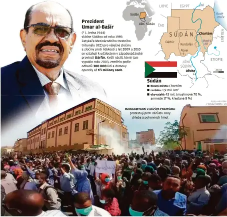  ??  ?? Súdán Jižní Súdán (* 1. ledna 1944) vládne Súdánu od roku 1989.
Zatykače Mezinárodn­ího trestního tribunálu (ICC) pro válečné zločiny a zločiny proti lidskosti z let 2009 a 2010 se vztahují k událostem v západosúdá­nské provincii Dárfúr. Kvůli násilí, které tam vypuklo roku 2003, zemřelo podle odhadů 300 000 lidí a domovy opustily až tři miliony osob. Dárfúr
Demonstran­ti v ulicích Chartúmu protestují proti nárůstu ceny chleba a pohonných hmot Kordofán Abyei Džuba Nil Chartúm Chartúm
1,9 mil. km2
43 mil. (muslimové 70 %, animisté 17 %, křesťané 8 %)
Modrý Nil Rudé moře