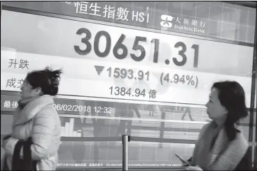  ?? REUTERS ?? A panel displays the closing morning trading Hang Seng Index outside a bank in Hong Kong.