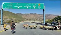  ?? (VCG) ?? A motorcycli­st drives past sheep on a Chinese-built road in Haripur, Pakistan, on 22 December 2017