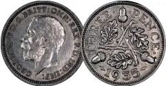  ??  ?? From left: 1935 George V threepence. Reverse shows the new oak leaves design with the legend stating ‘THREE·PENCE· 1935’ There is a very small G in the middle of the design for the engraver George Kruger Gray • King George VI threepence coin from 1943