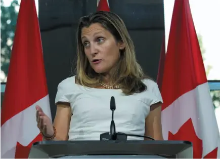  ?? AP FILE PHOTO ?? Canada’s Foreign Affairs Minister Chrystia Freeland speaks during a news conference at the Canadian Embassy after talks at the Office of the United States Trade Representa­tive in Washington on Friday.