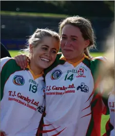  ??  ?? An emotional moment for Kiltegan teammates Andrea Byrne and Fiona Hobson after the final whistle in Pearse’s Park.