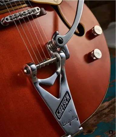  ??  ?? 1
1. Hardware is the same on these new Setzer models. You get a nickel Adjusto-Matic bridge with pinned rosewood base, Bigsby B6C True Vibrato unit, and a set of Gotoh locking tuners. The pinned bridge prevents movement when you use the Bigsby or remove the strings