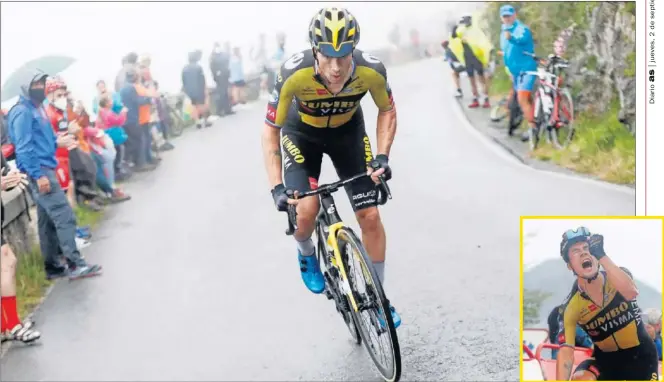  ??  ?? Primoz Roglic remata en solitario su exhibición en los Lagos de Covadonga, que le sirvió para recuperar el maillot rojo.