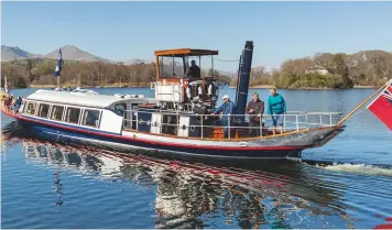  ??  ?? The steam yacht Gondola travels up Coniston Water in the summer months, with commentary on the key locations relating to Campbell’s doomed record attempt