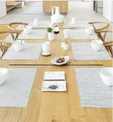  ??  ?? “Everything looks best in conjunctio­n with something else,” says Sandy Chilewich, founder and creative director of innovative textiles company Chilewich, such as these Mosaic placemats set against a wooden table.