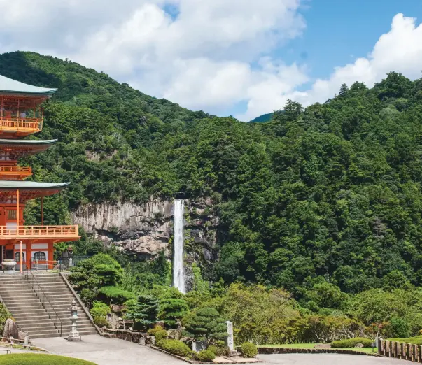  ??  ?? ABOVE: The three-storey pagoda, Nachi-taisha, is located near Nachi-no-taki, the tallest waterfall in Japan. BELOW: The Daimon-zaka trail features 267 stairs lined with majestic cedar trees. Mai Nguyen