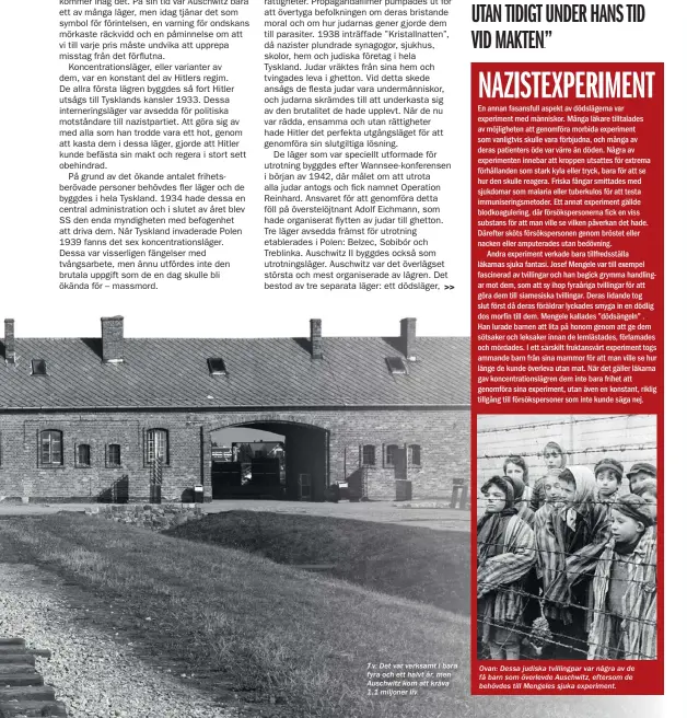  ??  ?? T.v: Det var verksamt i bara fyra och ett halvt år, men Auschwitz kom att kräva 1,1 miljoner liv. Ovan: Dessa judiska tvillingpa­r var några av de få barn som överlevde Auschwitz, eftersom de behövdes till Mengeles sjuka experiment.