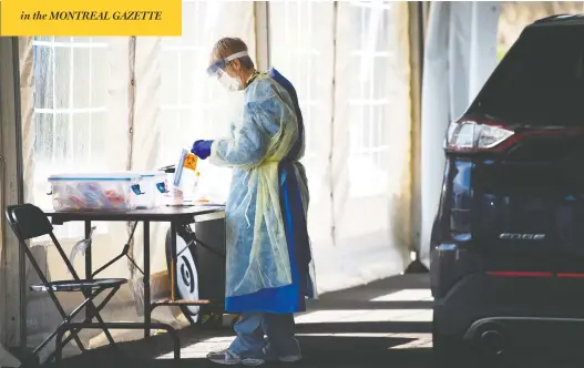  ?? NATHAN DENETTE / THE CANADIAN PRESS ?? A health-care worker performs coronaviru­s testing at a drive-through COVID-19 assessment centre at the Etobicoke General Hospital in Toronto on Tuesday.