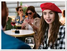  ?? ?? CHECK PLEASE: Lily Collins in red beret and gingham blazer in Emily In Paris, above – a look replicated by the MoS’s Sarah Rainey on her visit, right