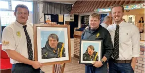  ?? ?? Avon RFC stalwart Clive Book is awarded a portrait to commemorat­e his 25 years and counting as a player, head coach and director of rugby at the club. It was painted by player/coach Jake Coates (right) and presented by club captain Kane Book (left)