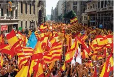  ?? Foto: Francisco Seco, dpa ?? Hunderttau­sende Menschen demonstrie­rten in Barcelona und anderen Städten für die Einheit Spaniens und gegen die Abspaltung von Katalonien.