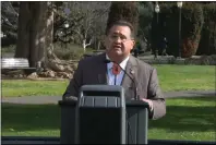  ?? ?? Assemblyme­mber James Ramos speaks in Sacramento calling on the state to address missing and murdered Indigenous people.