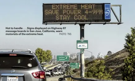  ?? PHOTO: TNS ?? Hot to handle . . . Signs displayed on Highway 87 message boards in San Jose, California, warn motorists of the extreme heat.