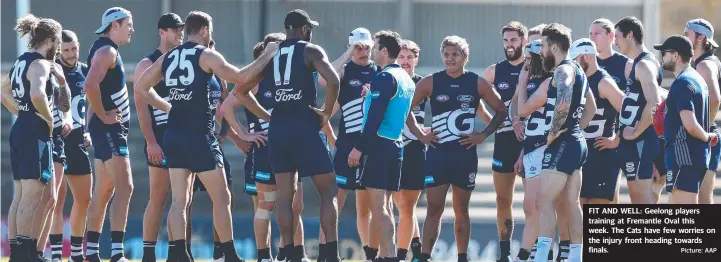  ?? Picture: AAP ?? FIT AND WELL: Geelong players training at Fremantle Oval this week. The Cats have few worries on the injury front heading towards finals.