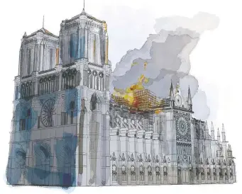  ?? IMAGES: AARON STECKELBER­G/WASHINGTON POST ?? On April 15 flames destroyed Notre Dame’s spire, roof and many of the timbers within.