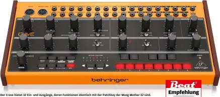  ??  ?? Der Crave bietet 32 Ein- und Ausgänge, deren Funktionen identisch mit der Patchbay der Moog Mother-32 sind.