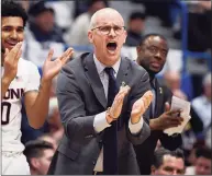  ?? Jessica Hill / Associated Press ?? UConn head coach Dan Hurley reacts in the second half of an NCAA basketball game against Central Florida on Feb. 26 in Hartford.