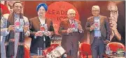  ?? SANJEEV VERMA/HT PHOTO ?? From left: Janata Dal (United) leader Pavan K Varma, housing and urban affairs minister Hardeep Singh Puri, Congress leader Kapil Sibal and journalist Rajdeep Sardesai release Kuldip Nayar's last book, in New Delhi on Friday.