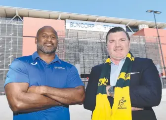  ??  ?? Former Wallabies Lote Tuqiri and Dan Herbert at The Rugby Championsh­ip fixture announceme­nt at Suncorp Stadium. Picture: Albert Perez/Getty Images