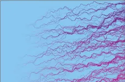  ??  ?? Partikel bewegen sich von rechts nach links durch ein Flow Field. Die Farben werden dabei immer transparen­ter.