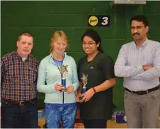  ??  ?? STC Badminton captain PJ Tivnan , Francie Mahon , Priyanka Ganguly (Ladies Doubles Runners Up) and Tournament Sponsor Manoj S Nair ( Co-Ordinator Career Guru Consultanc­y Kerala India) at the Winter Cluster Badminton Championsh­ips Sligo recently in Sligo Tennis Club.