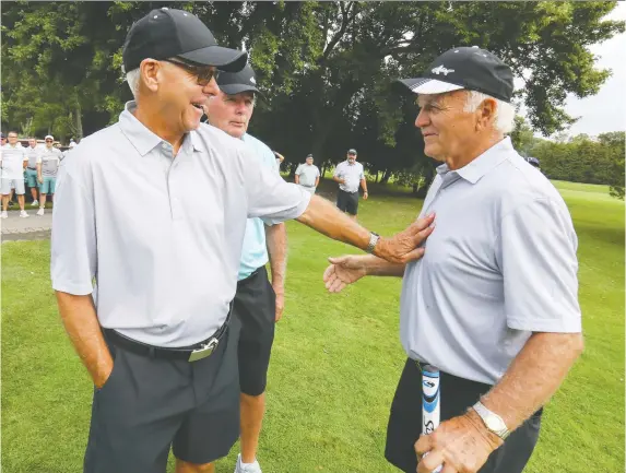  ?? JOHN MAHONEY ?? Former Habs, from left, Réjean Houle, Marc Tardif and Jacques Lemaire were reunited at Serge Savard’s annual golf tournament at Islesmere Golf Club in Laval on Monday.